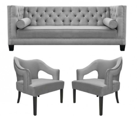 Ensemble de canapé en velours argenté, 3 pièces. Ensemble de canapé, siège rembourré, style Chesterfield