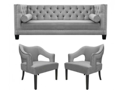 Ensemble de canapé en velours argenté, 3 pièces. Ensemble de canapé, siège rembourré, style Chesterfield