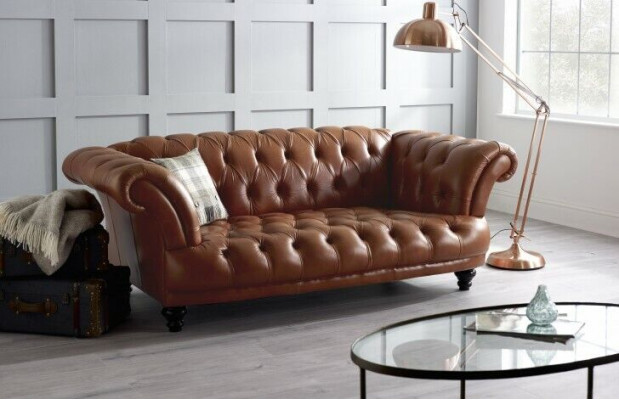Canapé Chesterfield en cuir marron avec tissu de rembourrage suite de canapés 3 places neuf