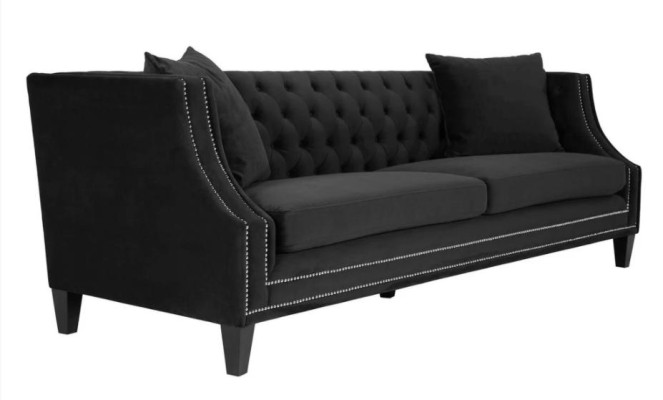Canapé de luxe en tissu noir trois places Meubles rembourrés de velours pour hôtel Salon de pratique