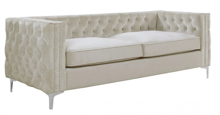 Canapé trois places Chesterfield en tissu beige, meubles de canapé en velours de couleur au choix