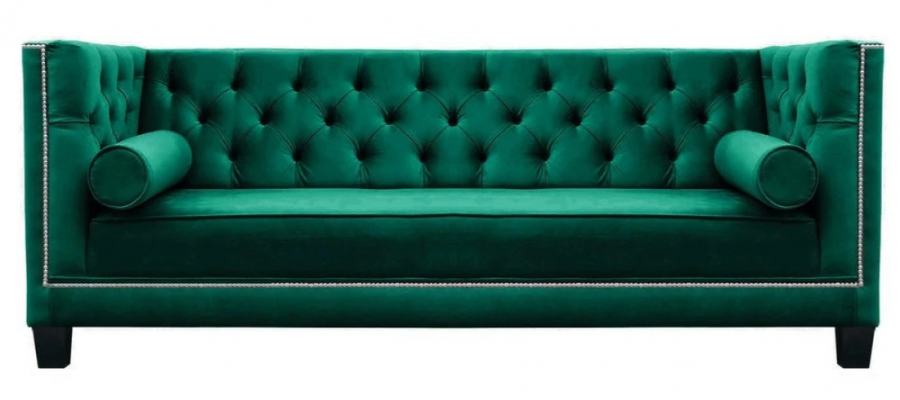 Luxueux canapé trois places en velours vert Chesterfield pour hôtel et salle de séjour.