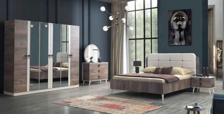 Chambre complète Lit Tabouret Coiffeuse Armoire Table de chevet 5 pièces.