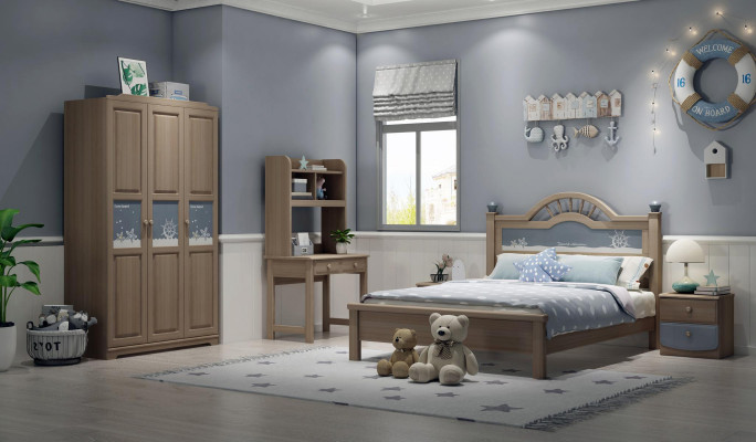 Jeu de chambre pour enfants et jeunes avec armoire moderne, lit, table de chevet et table - 5 pièces.