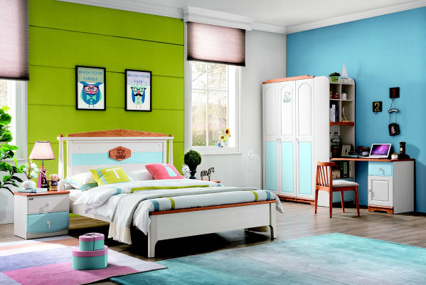 Ensemble complet de chambre d'enfants pour jeunes composé de lit, armoire, commode en bois massif en 5 pièces.