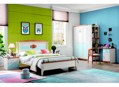 Ensemble complet de chambre d'enfants pour jeunes composé de lit, armoire, commode en bois massif en 5 pièces.