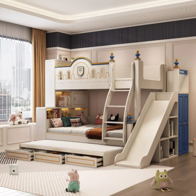 Lit superposé Lit enfant Design pour enfants Lit moderne Chambre d'enfant Lits Rose Toboggan