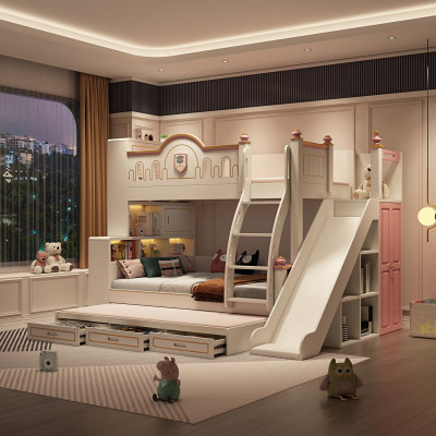 Lit superposé Lit enfant Design pour enfants Lit moderne Chambre d'enfant Lits Rose Toboggan