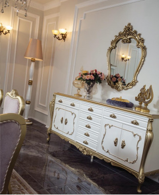 Ensemble de salle à manger design 8 pièces Table de salle à manger Chaise Commode Vitrine Miroir
