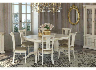 Table de salle à manger Suite Table + 6x chaises Chaise Salle à manger Suite Bois massif Textile 7 pièces.