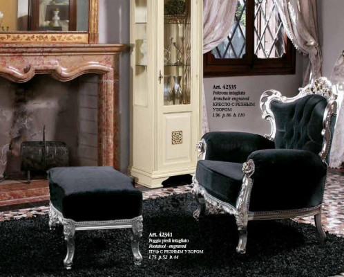Fauteuil + Tabouret Rembourrage Fauteuil Design Luxe Bois massif Classique Baroque Rococo Suite.