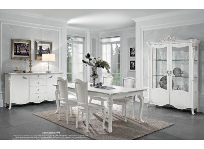 Ensemble de salle à manger Table à manger 4 chaises Commode Vitrine Suite de groupe Blanc neuf 7 pièces.