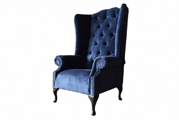 Fauteuil de designer Chesterfield en tissu bleu luxueux, style aile.