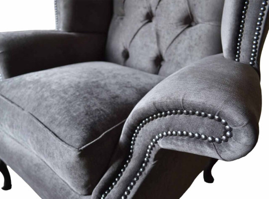 Fauteuil Chesterfield à ailettes en tissu polyester gris pour salon