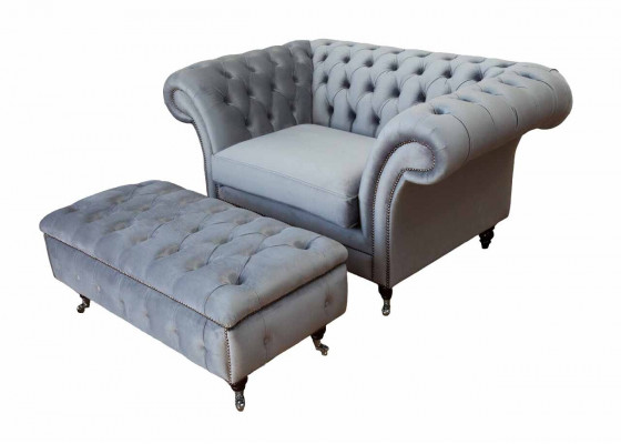 Chesterfield Wing Chair Stool Armchair Couch Upholstery Set Gray Textile Fauteuil ailes Chesterfield Tabouret Fauteuil Canapé Ensemble de rembourrage Textile gris