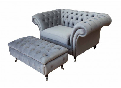 Chesterfield Wing Chair Stool Armchair Couch Upholstery Set Gray Textile Fauteuil ailes Chesterfield Tabouret Fauteuil Canapé Ensemble de rembourrage Textile gris