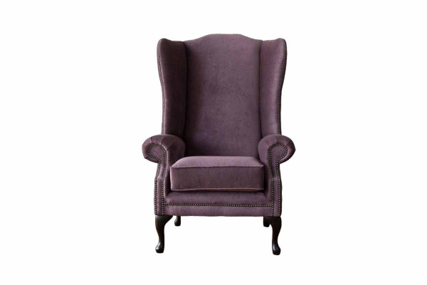 Fauteuil Chesterfield en tissu lounge club rembourré de luxe, de couleur violet, à ailes.