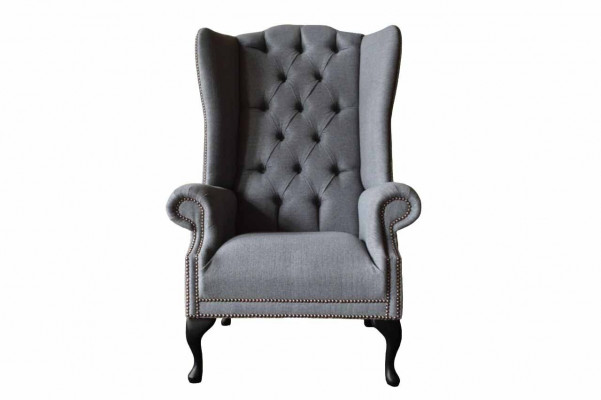 Fauteuil Wing Chesterfield Canapé Canapé Tissu Gris 1 Place Accoudoir Textile