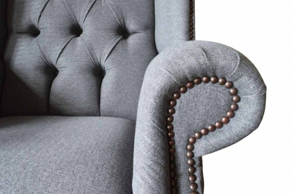 Fauteuil Wing Chesterfield Canapé Canapé Tissu Gris 1 Place Accoudoir Textile
