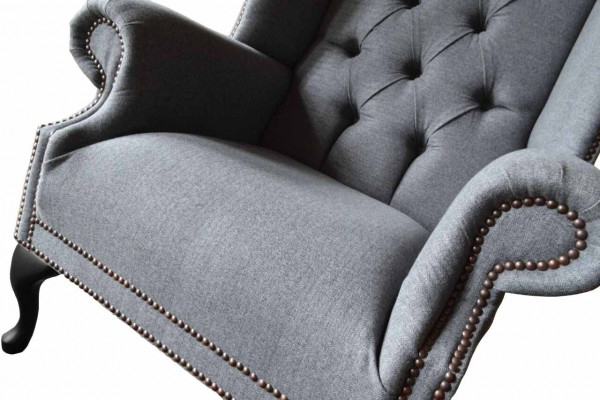 Fauteuil Wing Chesterfield Canapé Canapé Tissu Gris 1 Place Accoudoir Textile