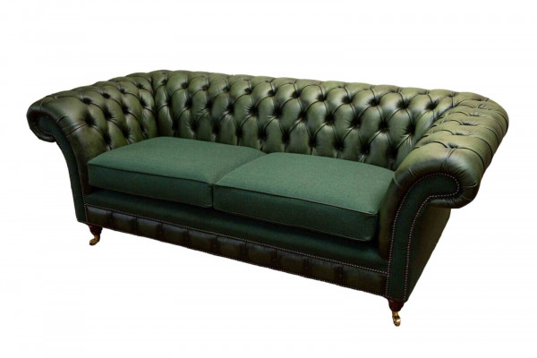 Canapé design 3 places, canapé en cuir rembourré Chesterfield en tissu vert