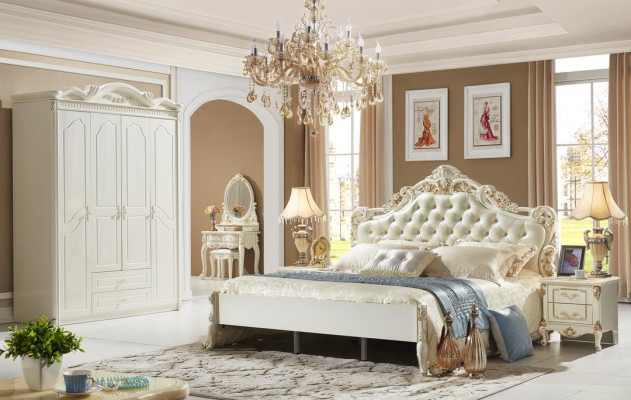 Lit Table de chevet Armoire de luxe Ensemble de chambre à coucher 4 pièces Design