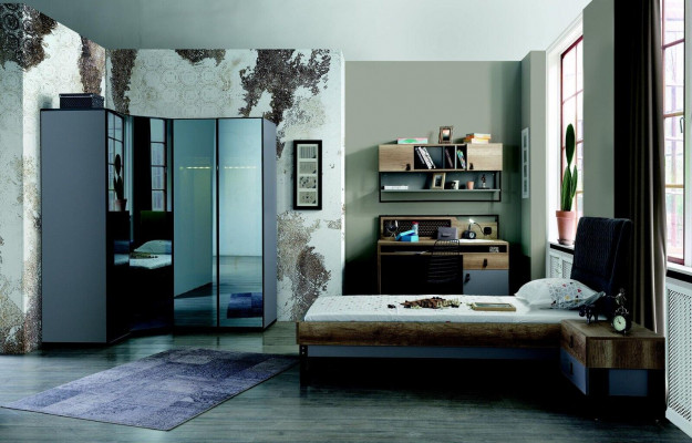 Ensemble de chambre de jeunes comprenant lit, armoire d'angle, table de chevet, bureau, mobilier 4 pièces neuf