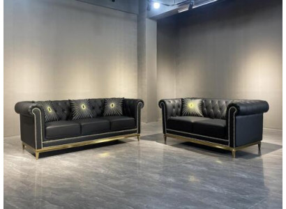 Canapé de salon Chesterfield noir, ensemble de luxe 3+2 places à 2 pièces.