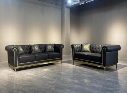 Canapé de salon Chesterfield noir, ensemble de luxe 3+2 places à 2 pièces.