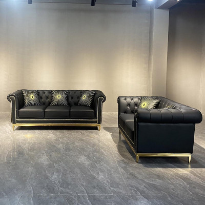 Canapé de salon Chesterfield noir, ensemble de luxe 3+2 places à 2 pièces.