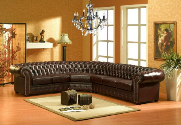 Canapé d'angle classique Chesterfield en cuir, canapé d'angle en tissu d'ameublement, canapé d'angle.