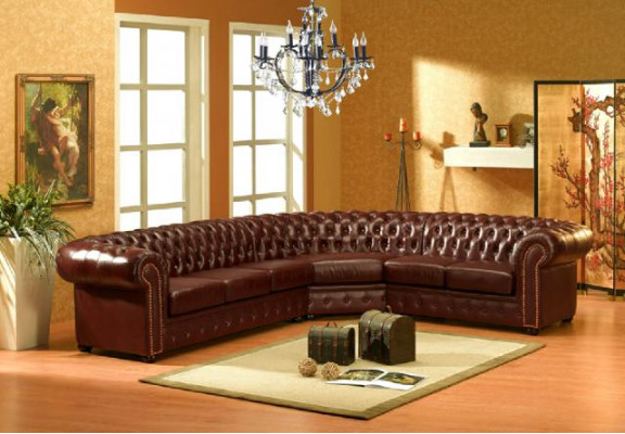 Canapé d'angle classique Chesterfield en cuir, canapé d'angle en tissu d'ameublement, canapé d'angle.