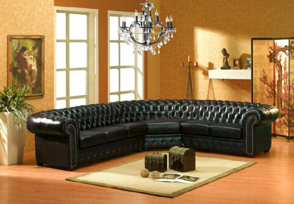 Canapé d'angle classique Chesterfield en cuir, canapé d'angle en tissu d'ameublement, canapé d'angle.