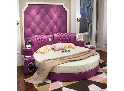 Lit King Size Rond Lits Ronds Multifonctionnels Hôtel Rembourrage LED Étagère