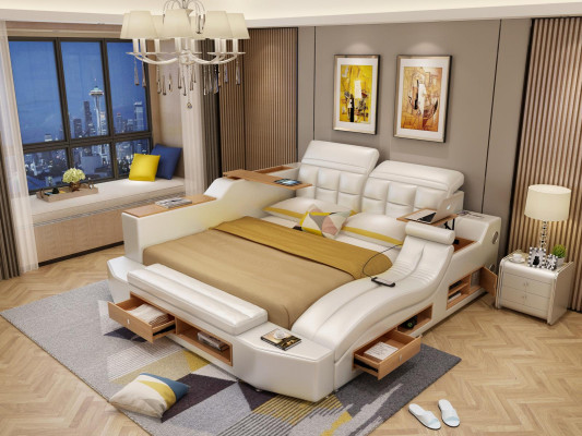 Conception Lits en cuir Hôtel Double Lit multifonction avec boîtes Bluetooth Luxe