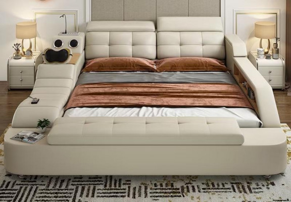 Lit en cuir design de luxe multifonctionnel, avec deux étagères doubles, 180x200cm.