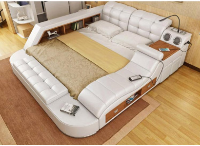 Étagère de lit multifonction, armoire, station de charge USB, lits doubles en cuir