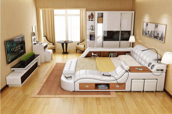 Étagère de lit multifonction, armoire, station de charge USB, lits doubles en cuir