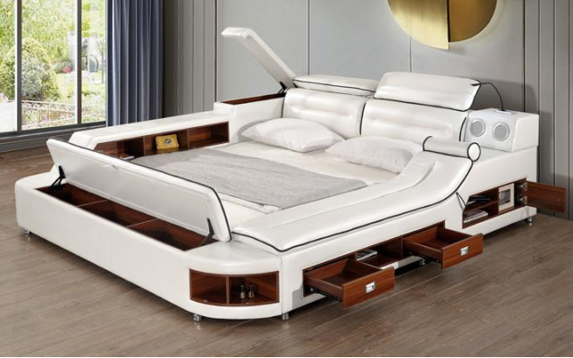 Lits Hôtel 180x200cm Étagère multifonction USB Design Lit xxl Grand Cuir