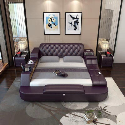 Conception Lit XXL Grands Lits Cuir Hôtel Rembourrage 180x200 Étagère Multifonction