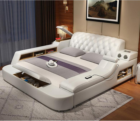 Conception Lit XXL Grands Lits Cuir Hôtel Rembourrage 180x200 Étagère Multifonction