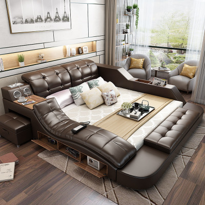 Lit de design multifonction XXL 180x200 Grand lit en cuir Étagère d'hôtel USB