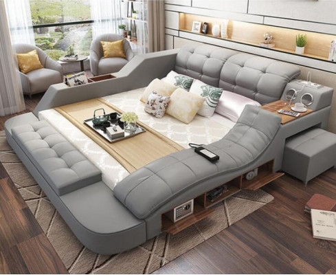 Lit de design multifonction XXL 180x200 Grand lit en cuir Étagère d'hôtel USB