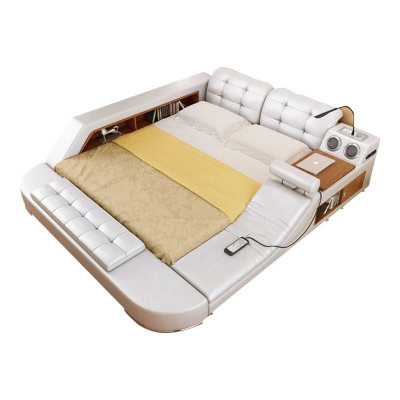 Design Lit Double de Luxe en Cuir avec USB Hôtel Multifonction Nouveau