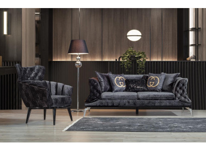 Canapé noir Chesterfield 3+1 places pour salon