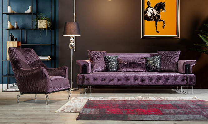 Canapé violet Chesterfield suite 3+1 place pour salon rembourré