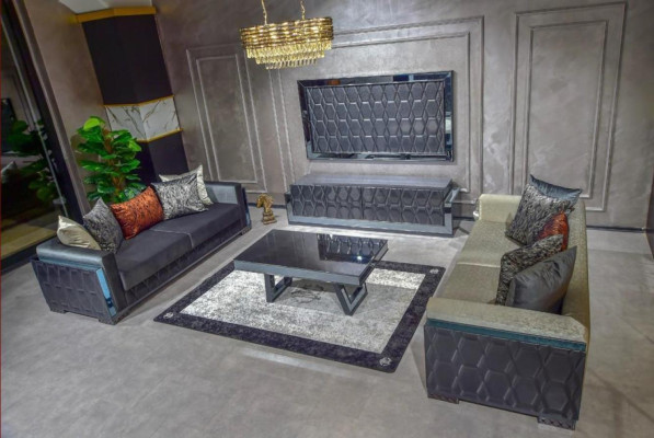 Fauteuil élégant une place en tissu gris, nouveau mobilier de détente en métal textile.