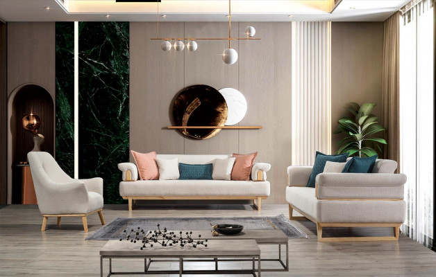 Ensemble de canapés modernes 3+3+1 places avec fauteuil en bois et tissu