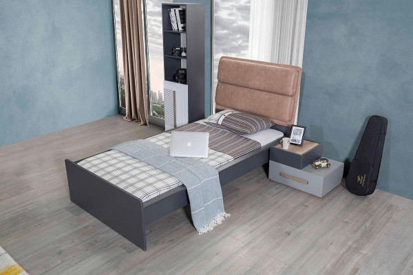 Chambre de jeunesse grise Armoire Etagère de livres Chambre d'enfants Lit 5 pièces