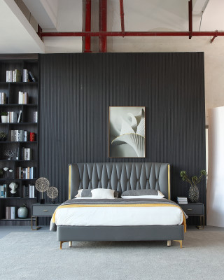 Hôtel Luxe Conception Lits Rembourrage Métal Cuir Chambre en acier inoxydable.
